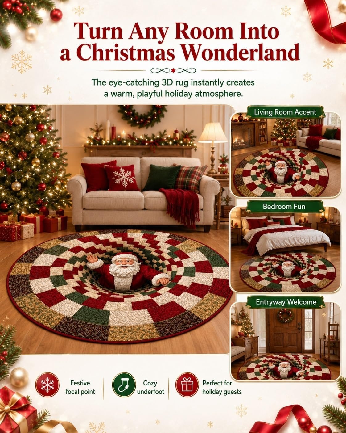 🎄3D Christmas Gnome Optical Illusion Round Rug | Fun Festive Home Decor Must‑Have⭐🏠🎁
