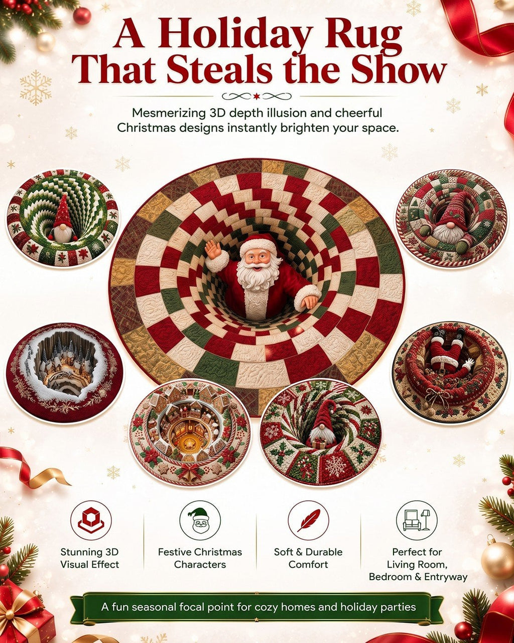 🎄3D Christmas Gnome Optical Illusion Round Rug | Fun Festive Home Decor Must‑Have⭐🏠🎁