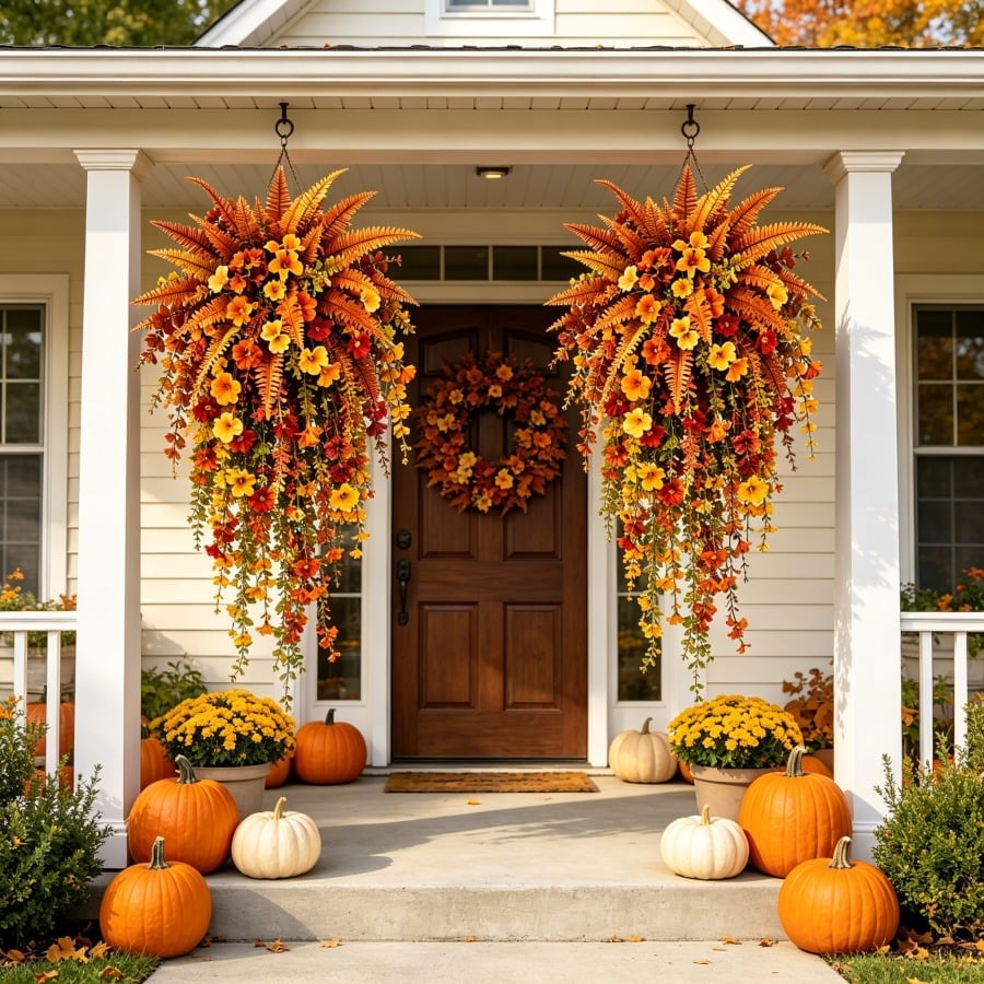 🍂 Artificial Fall Harvest Hanging Basket – Cozy Autumn Porch & Door Decor