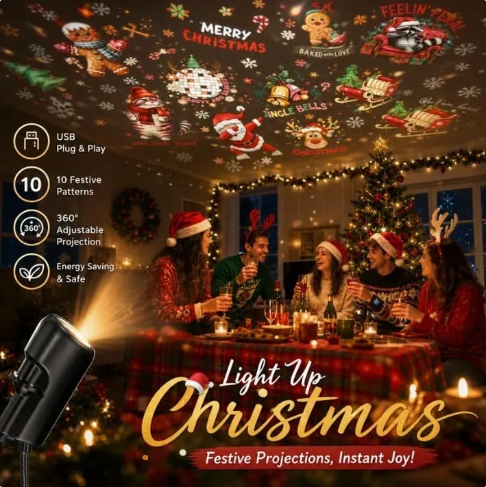 ⏳49% OFF – 🎄HD Christmas Scene Projector | 6 or 10 Festive Projection Discs, USB Plug & Play, 360° Flexible Design & Up to 200 Sq Ft Coverage ✨