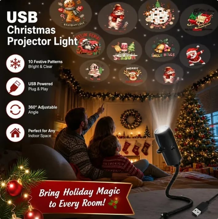 ⏳49% OFF – 🎄HD Christmas Scene Projector | 6 or 10 Festive Projection Discs, USB Plug & Play, 360° Flexible Design & Up to 200 Sq Ft Coverage ✨