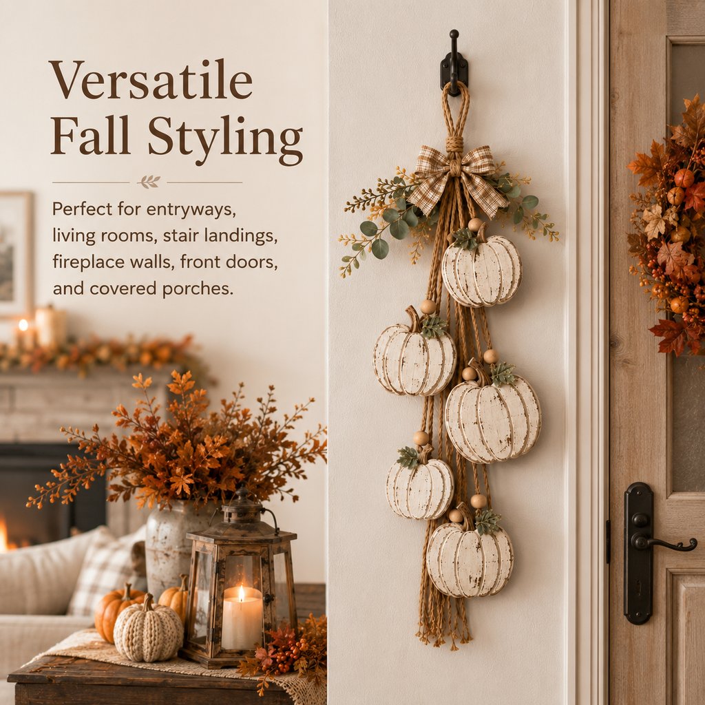 🔥BUY 2 SAVE 15% -🎃 Rustic White Pumpkin Hanging Swag – 5-Pumpkin Fall Door & Wall Decoration for Farmhouse Autumn Decor