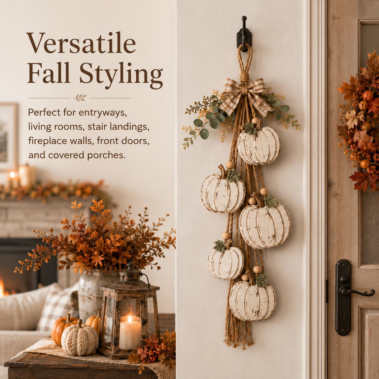 🔥BUY 2 SAVE 15% -🎃 Rustic White Pumpkin Hanging Swag – 5-Pumpkin Fall Door & Wall Decoration for Farmhouse Autumn Decor