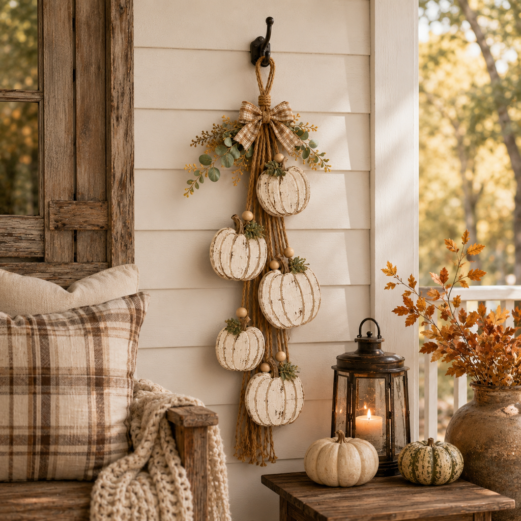 🔥BUY 2 SAVE 15% -🎃 Rustic White Pumpkin Hanging Swag – 5-Pumpkin Fall Door & Wall Decoration for Farmhouse Autumn Decor