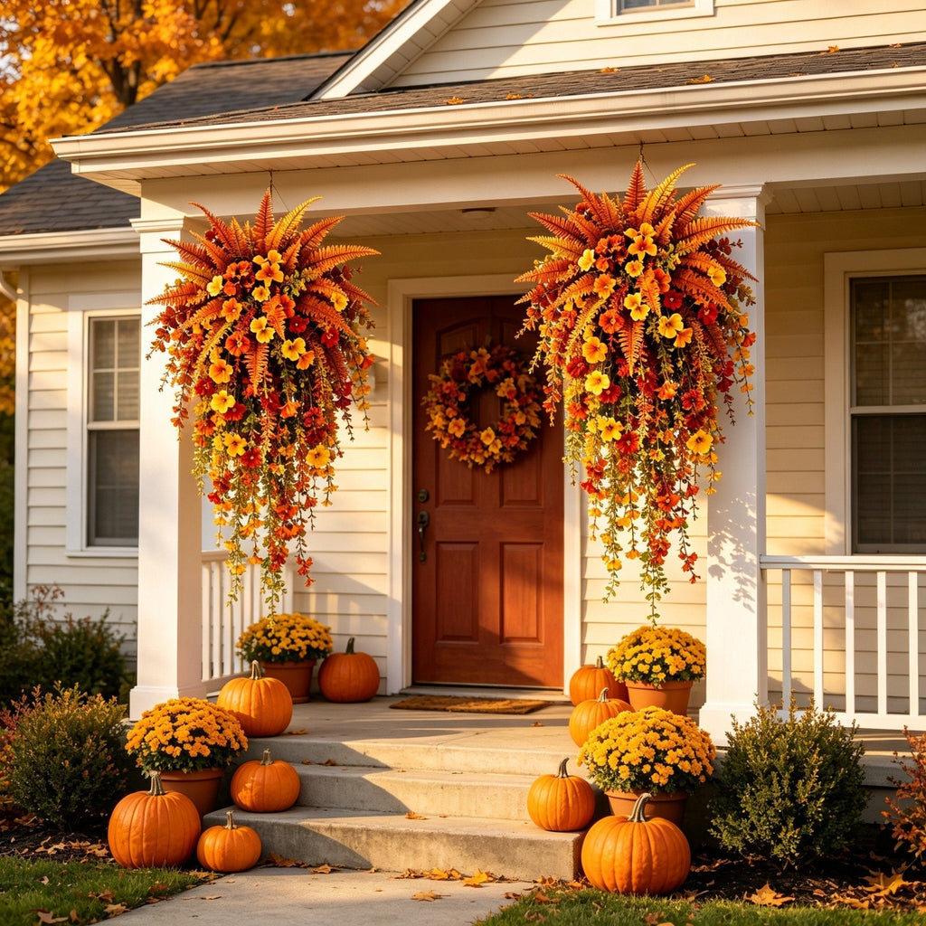 🍂 Artificial Fall Harvest Hanging Basket – Cozy Autumn Porch & Door Decor
