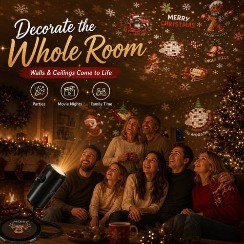 ⏳49% OFF – 🎄HD Christmas Scene Projector | 6 or 10 Festive Projection Discs, USB Plug & Play, 360° Flexible Design & Up to 200 Sq Ft Coverage ✨