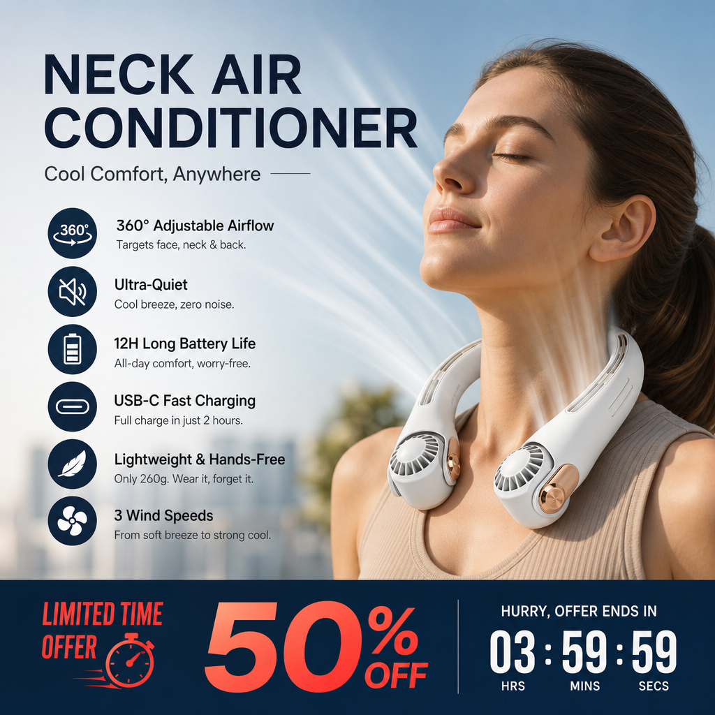 ⏰Last Day Special Price ￡13.99!!❄Neck Air Conditioner Fan – Ultra‑quiet, 360° rotating, 3 speeds. Hands‑free cooling, long battery. Summer essential! 😎🌬️