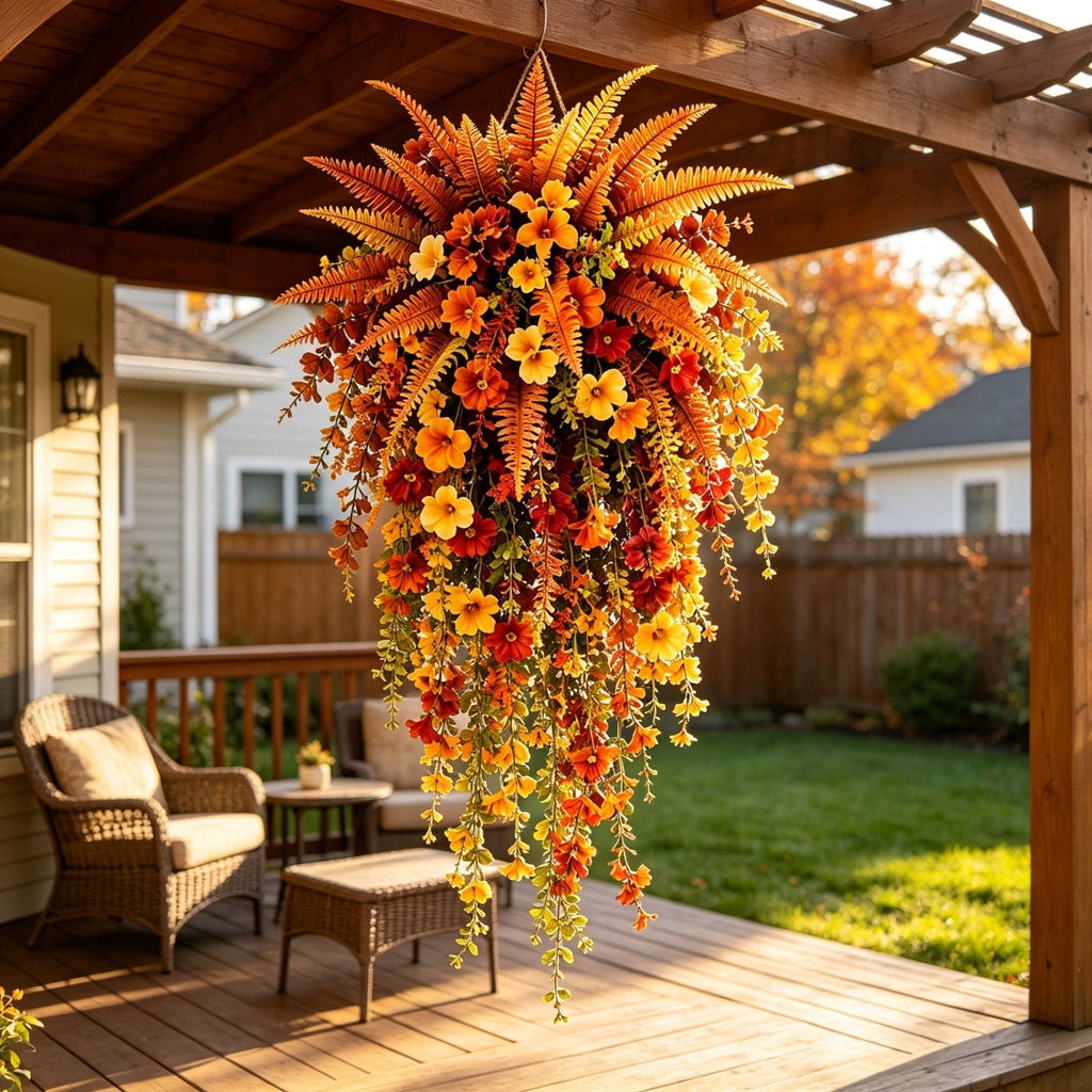 🍂 Artificial Fall Harvest Hanging Basket – Cozy Autumn Porch & Door Decor