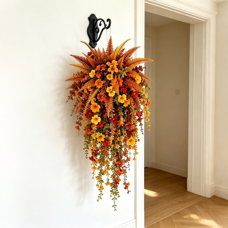 🍂 Artificial Fall Harvest Hanging Basket – Cozy Autumn Porch & Door Decor
