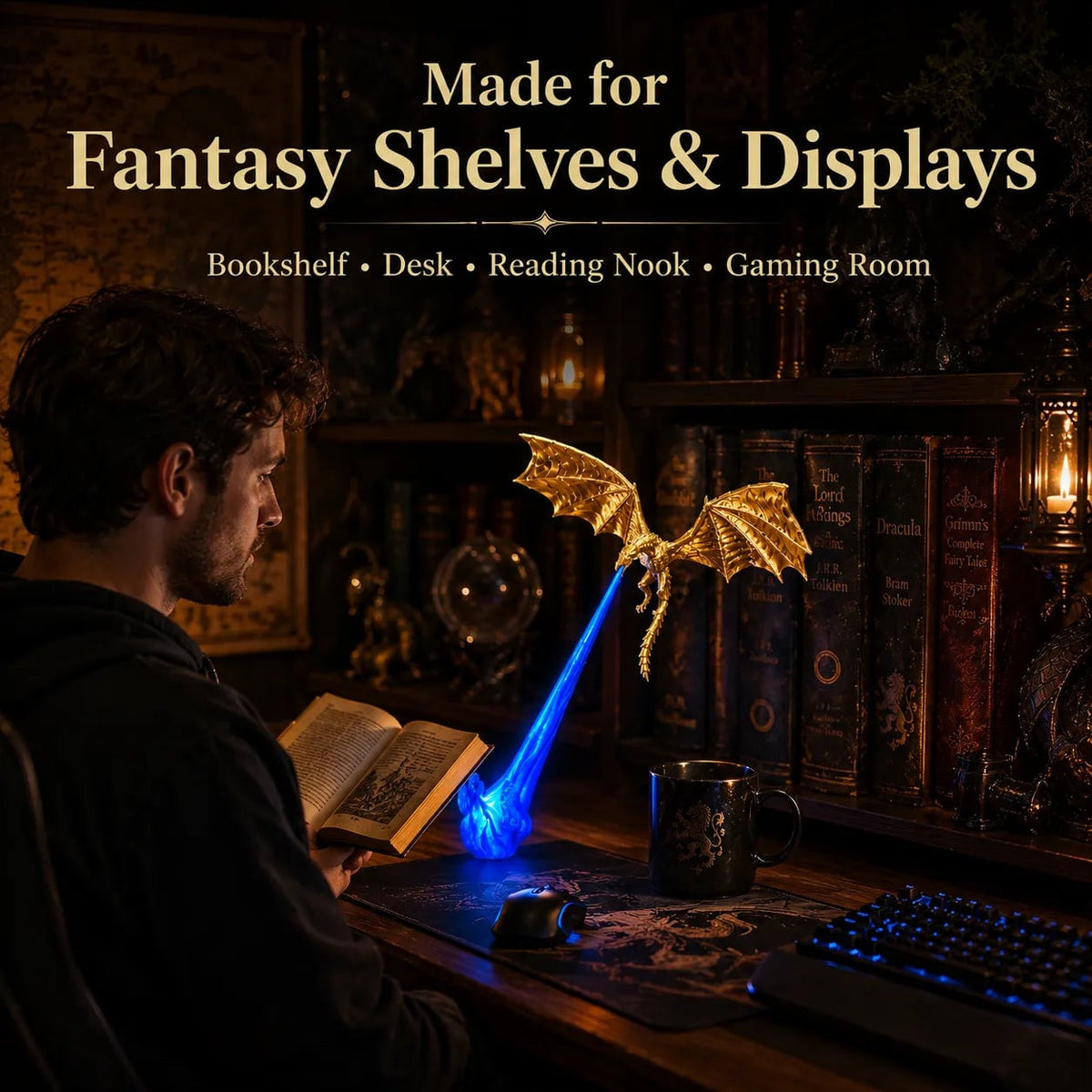 🐉 Dragon Bookshelf Nook Light — 3D Fire-Breathing Fantasy Shelf Decor 🔥