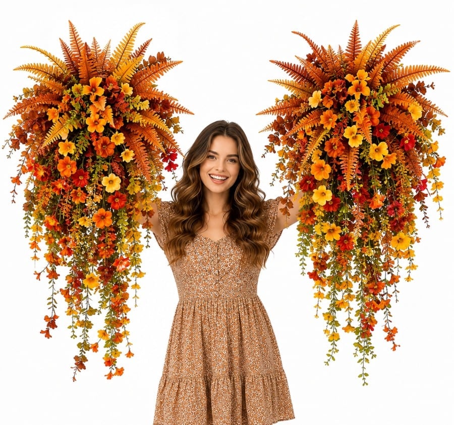 🍂 Artificial Fall Harvest Hanging Basket – Cozy Autumn Porch & Door Decor