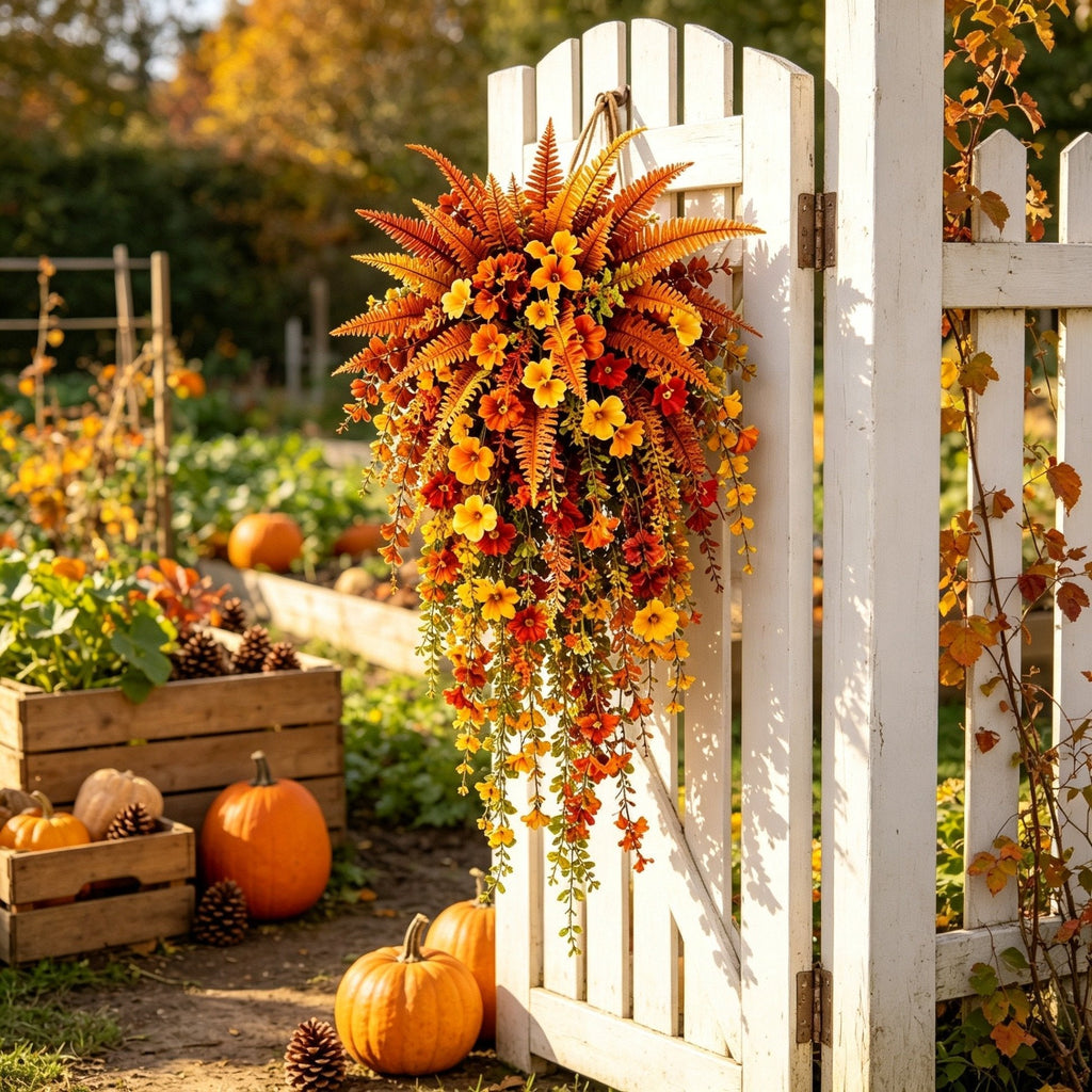 🍂 Artificial Fall Harvest Hanging Basket – Cozy Autumn Porch & Door Decor