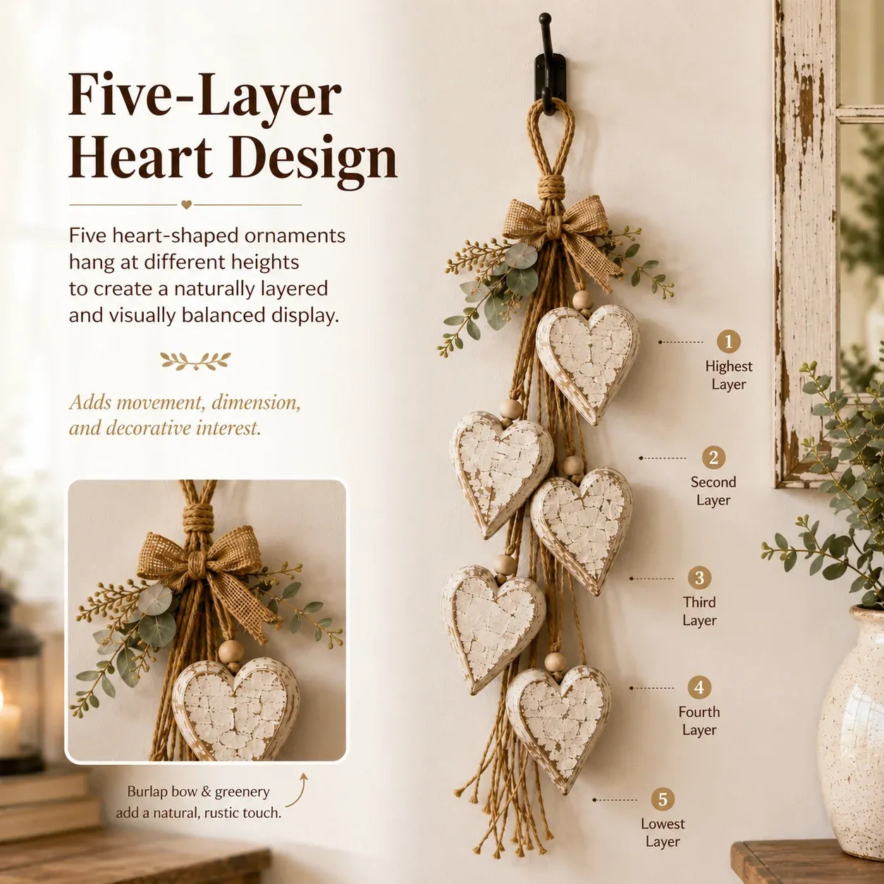 🍂🤎Hanging Heart Wall Decor -  💡A Cozy Touch For Your Home