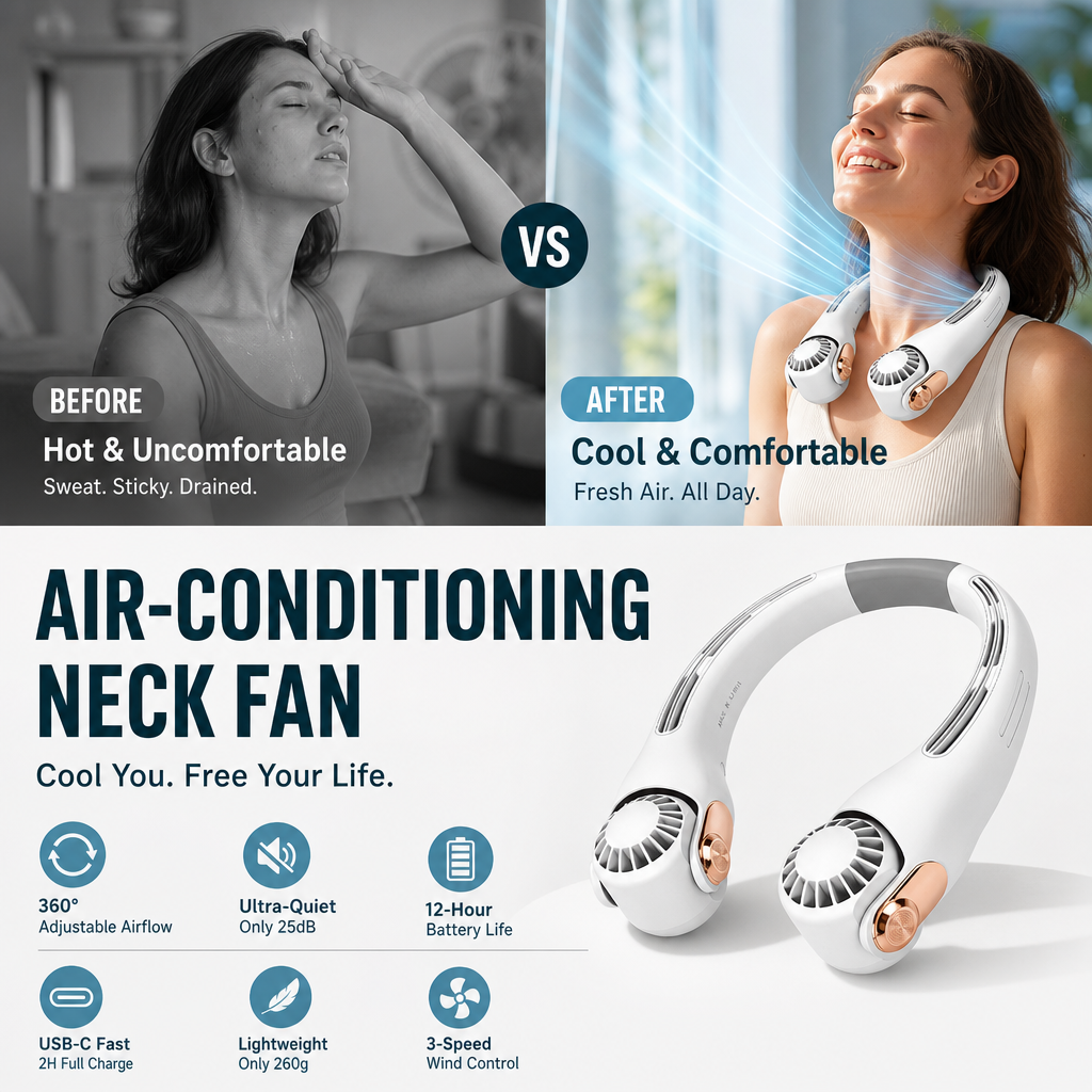 ⏰Last Day Special Price ￡13.99!!❄Neck Air Conditioner Fan – Ultra‑quiet, 360° rotating, 3 speeds. Hands‑free cooling, long battery. Summer essential! 😎🌬️